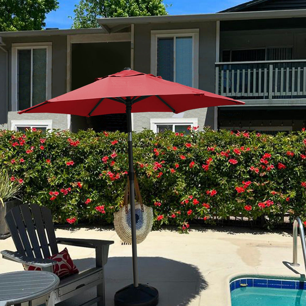 AMSUN 6ft red ammsun beach umbrella
for picnic table umbrella and a chair placed near a refreshing pool