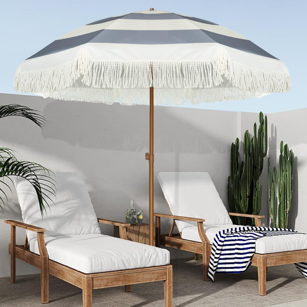 AMMSUN 7ft fringe grey striped patio umbrellas clearance with tassel shades two lounge chairs