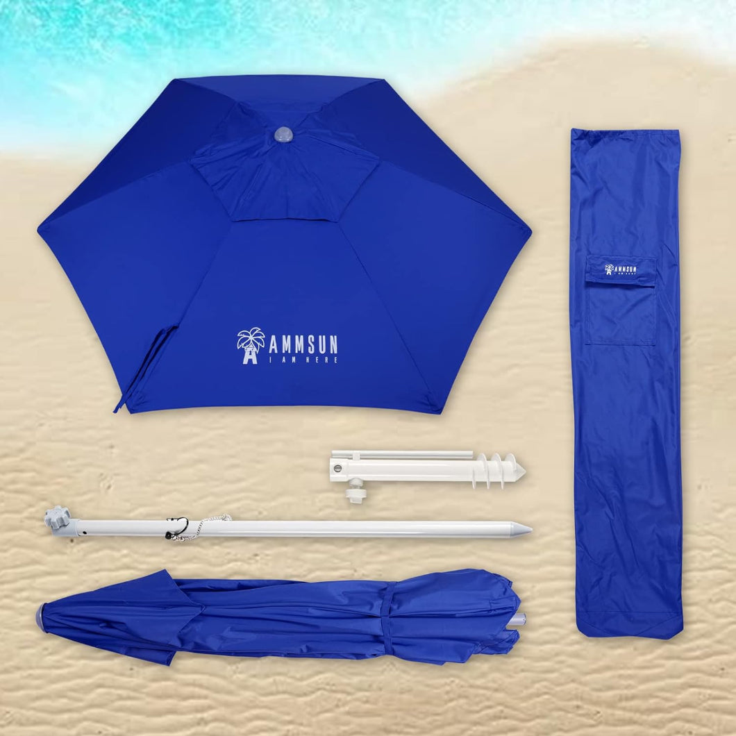 AMMSUN 8FT blue heavy duty commercial grade wind resistant umbrella has a pole, sand anchor and carrying bag