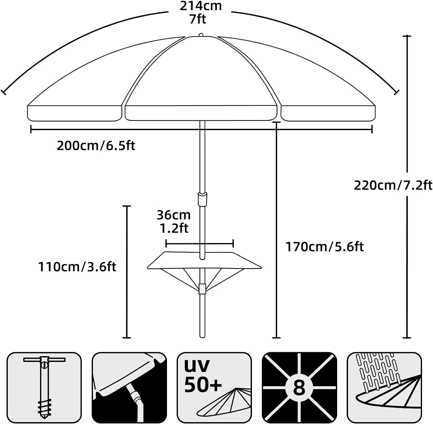 AMMSUN 7ft beach umbrellas for sand heavy duty wind portable, built-in table and has 8 strong ribs