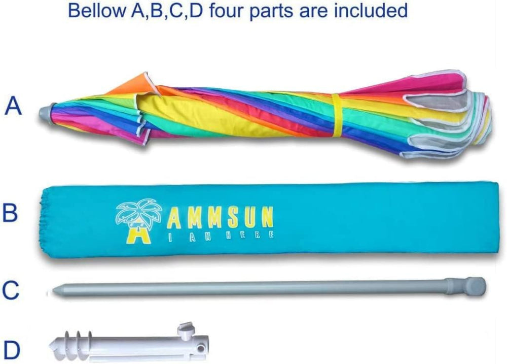 AMMSUN 7.5ft rainbow beach umbrellas for sand with sand anchor has a grey lower pole and carry bag.