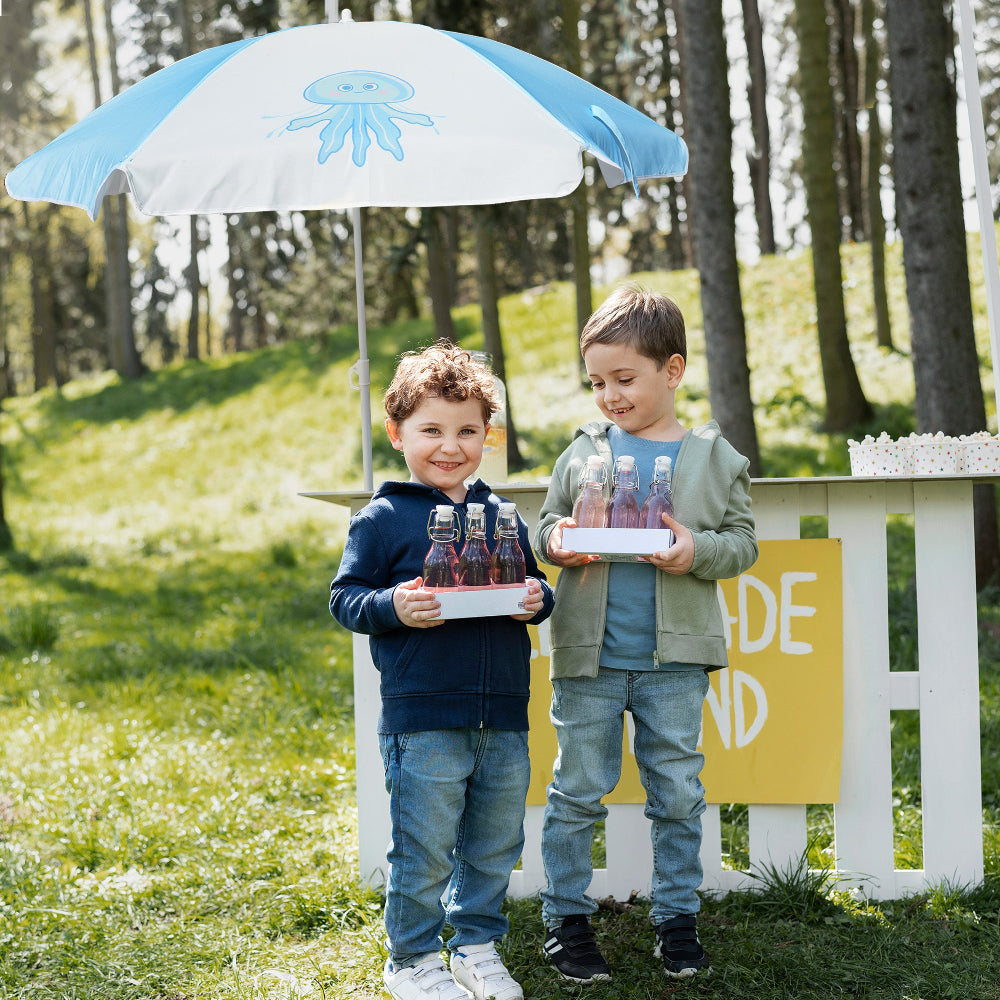 Two boys under AMMSUN 5ft kids picnic table umbrella replacement, Jellyfish Blue step2 umbrella