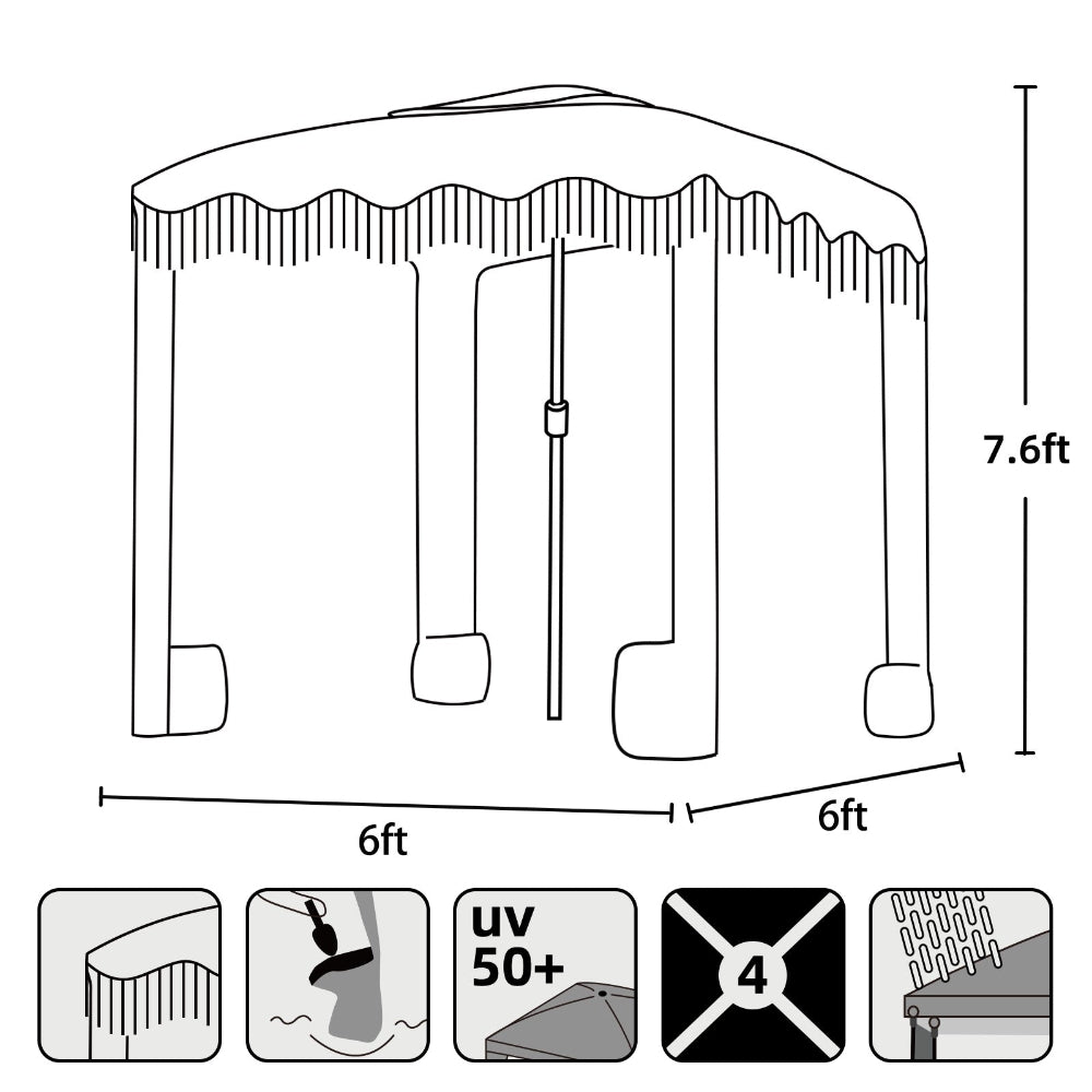 AMMSUN 6'×6' Bobo Beach coolcabana beach tent with Fringe in 7.6ft tall,Elegant white beach umbrella with strong ribs and sand bags