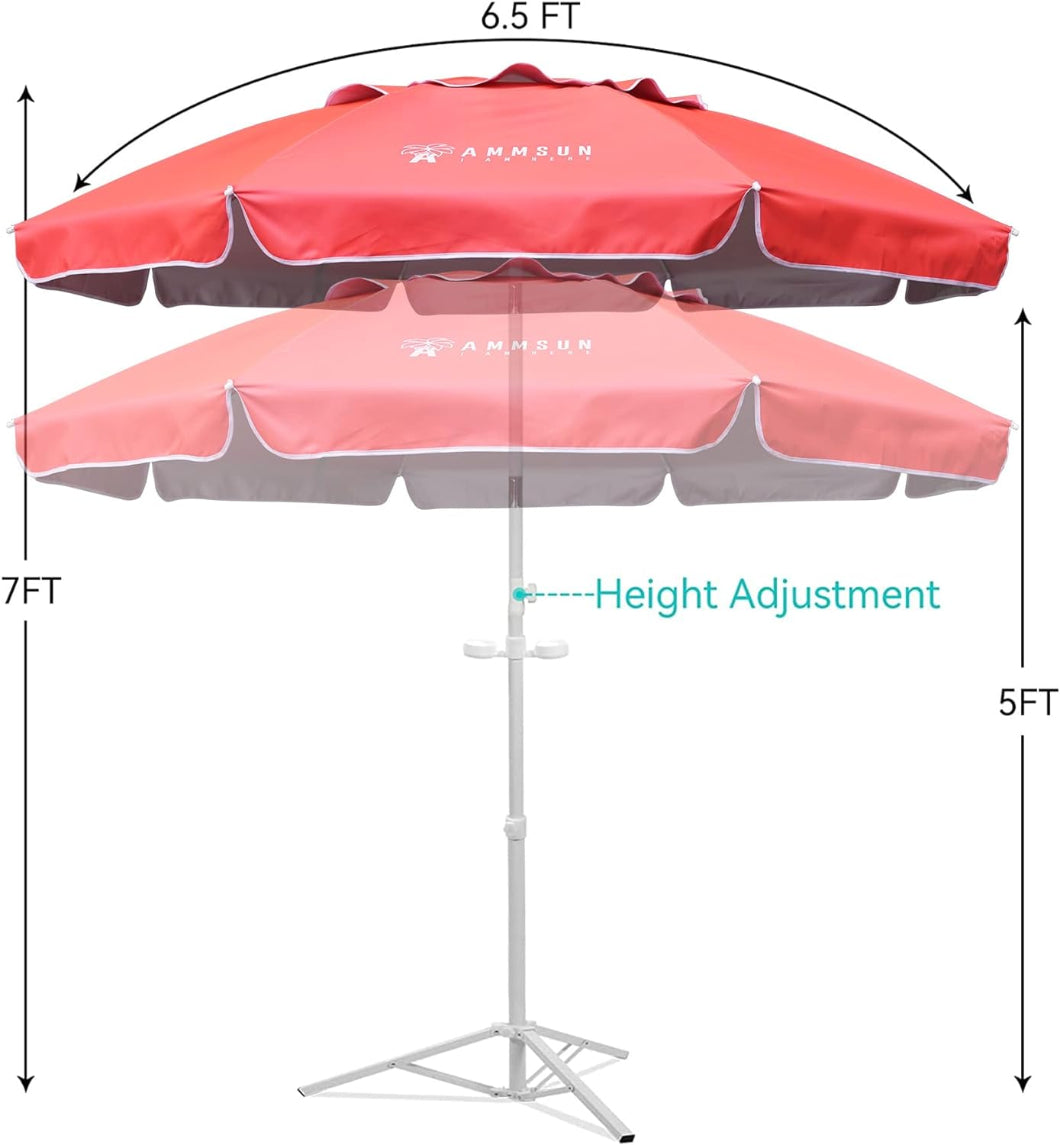 AMMSUN 6.5ft pink beach portable umbrella with stand, with height adjustment from 5ft to 7ft tall