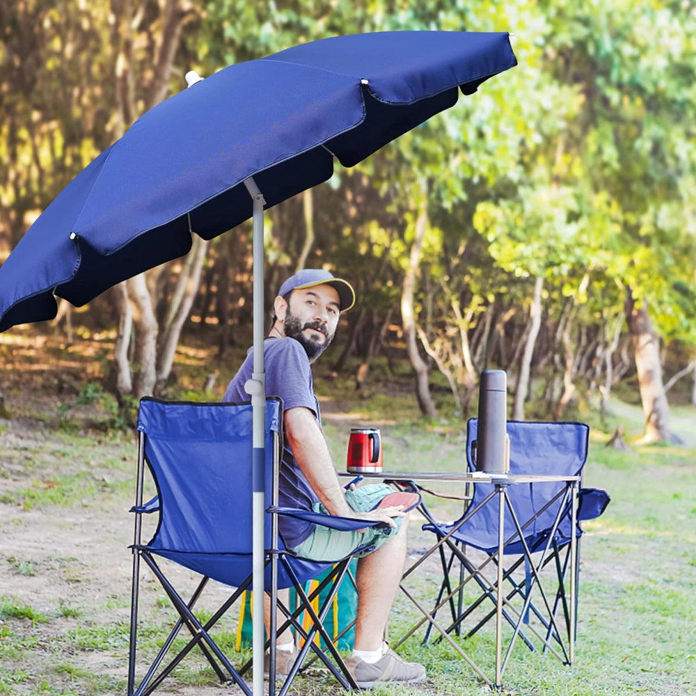 A man is sitting in a chair under AMMSUN 6ft blue camp chair umbrella outdoor master beach umbrella