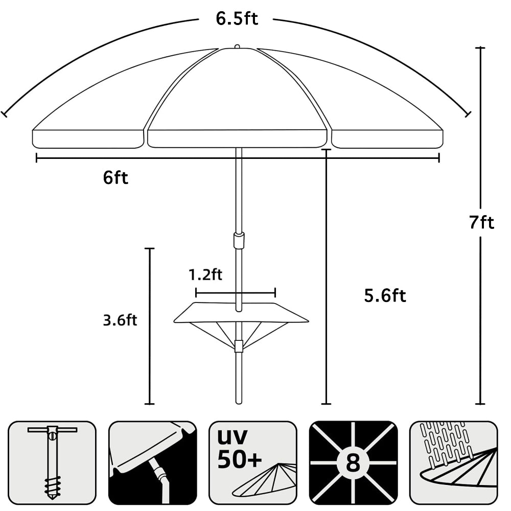 AMMSUN 6.5ft blue waterproof beach portable umbrella with stand for table tray in 1.2ft wide & sand anchor with uv 50+ and 8 ribs