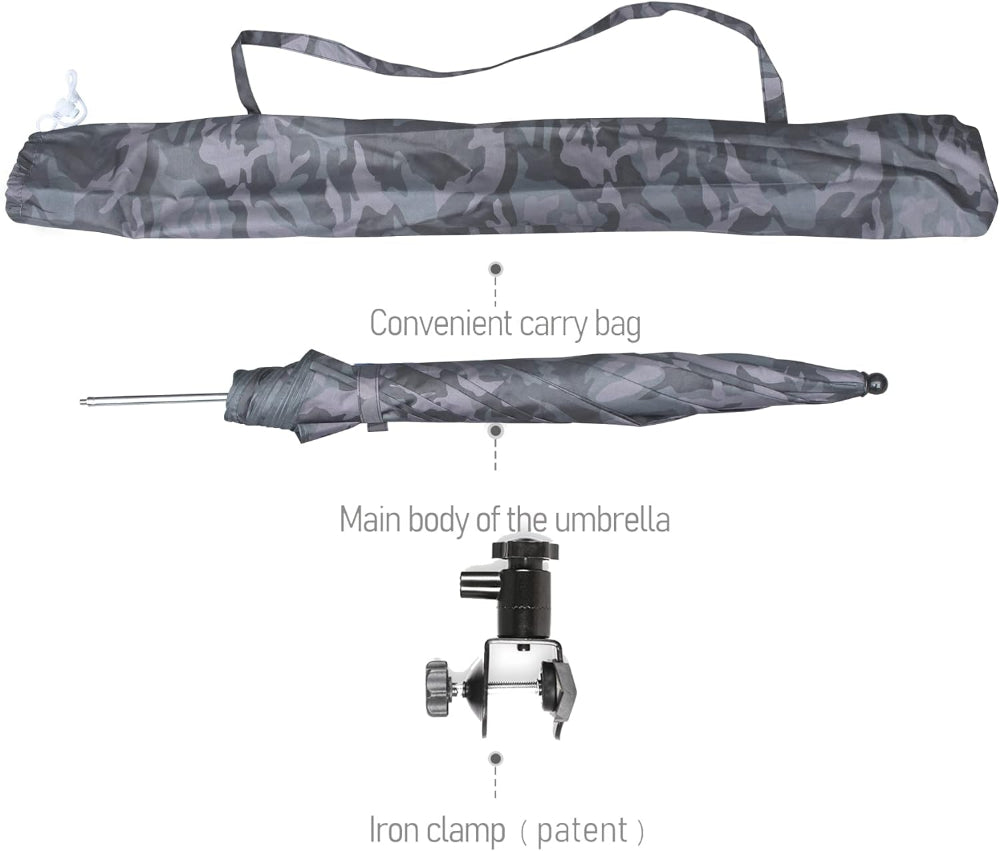 AMMSUN 43 inches Camouflage hands free canopy umbrella for chair with patent iron Clamp and a carry bag