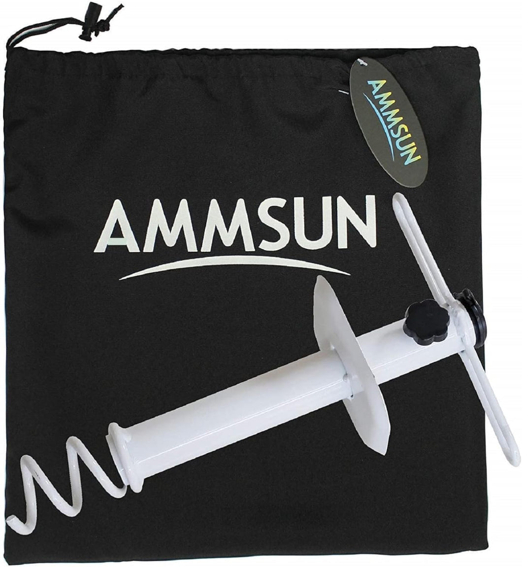 AMMSUN white metal beach umbrella sand anchor has a black carry bag with white AMMSUN logo on it.