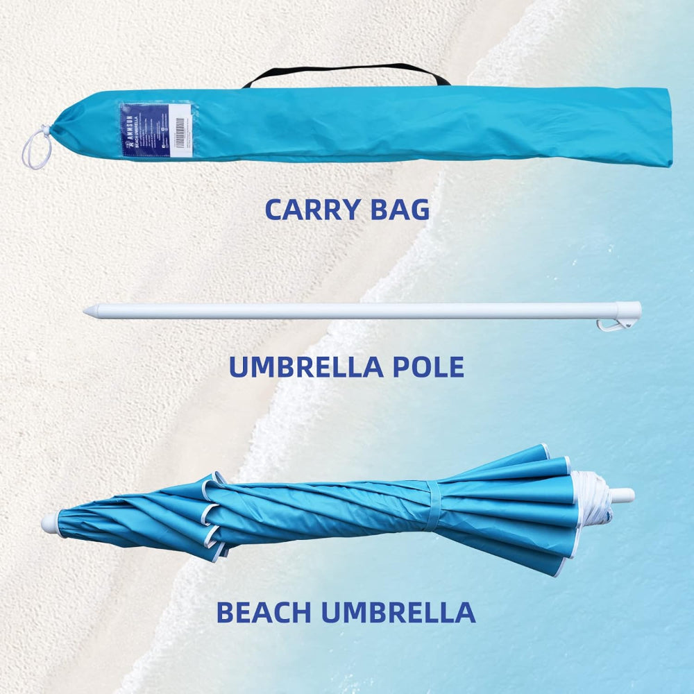 AMMSUN 6.5ft sky blue small umbrella outdoor patio for beach umbrella for sand with a white pole and a carry bag