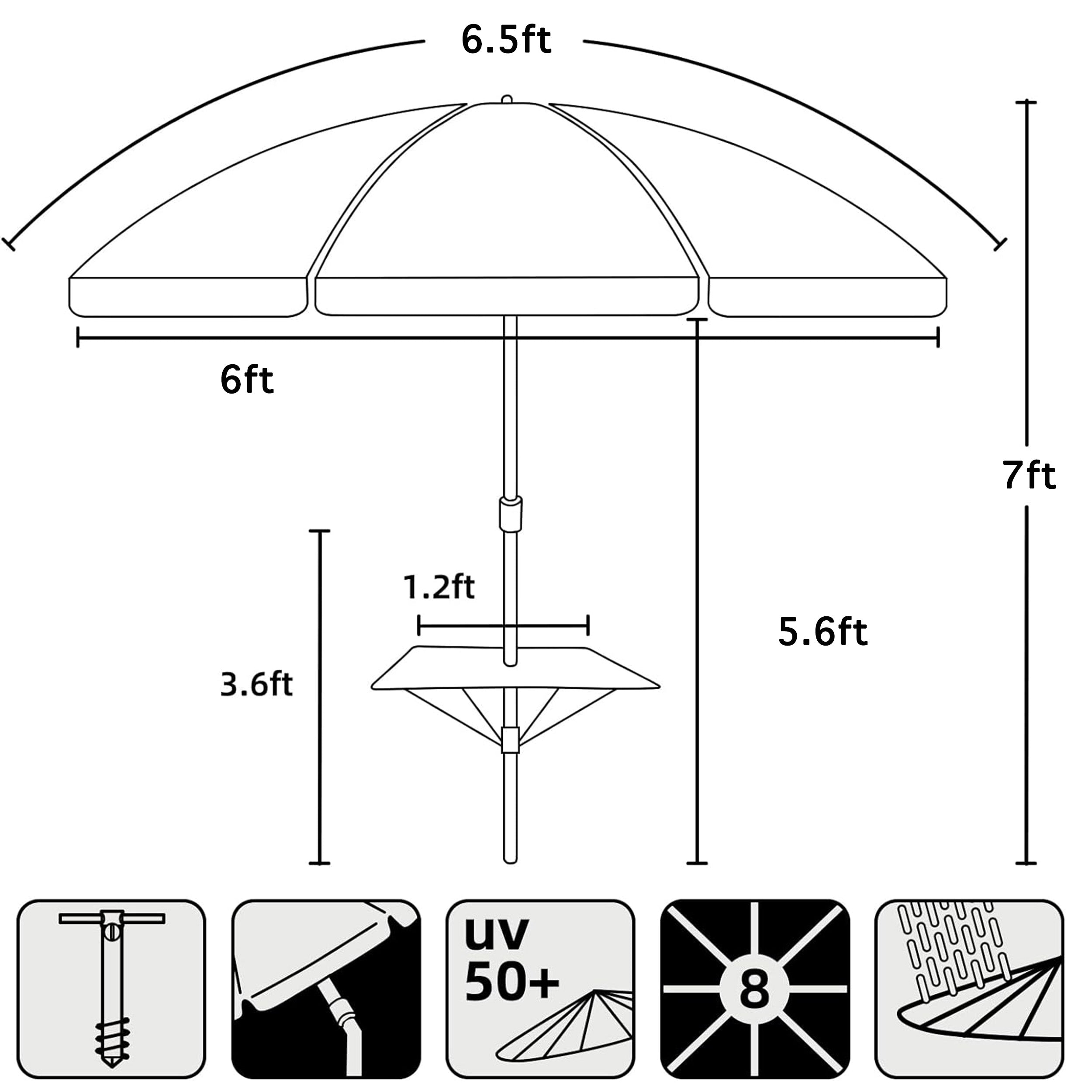 AMMSUN 6.5ft Beach Umbrella with Sand Anchor & Table,Sky Blue Paint