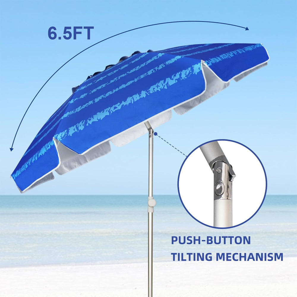 AMMSUN 6.5ft silence blue wind resistant beach umbrella anchor for sand has tilt for angel adjustment