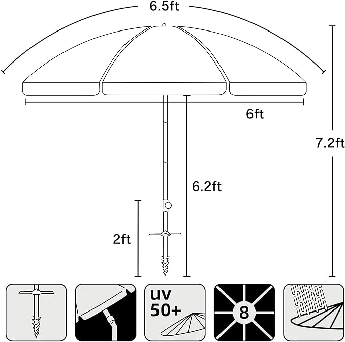 AMMSUN 6.5ft Portable Travel Folded Beach Umbrella Sky Blue