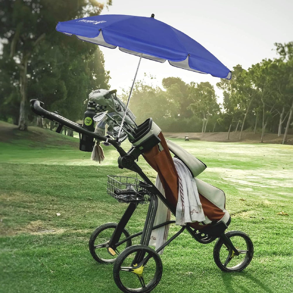 A golf cart featuring an AMMSUN 43inch blue umbrella for beach chair clipped on it