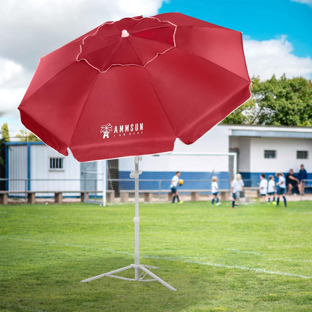 AMMSUN 6.5ft vibrant red outdoor umbrella with stand on a soccer field, offering sun shade for children