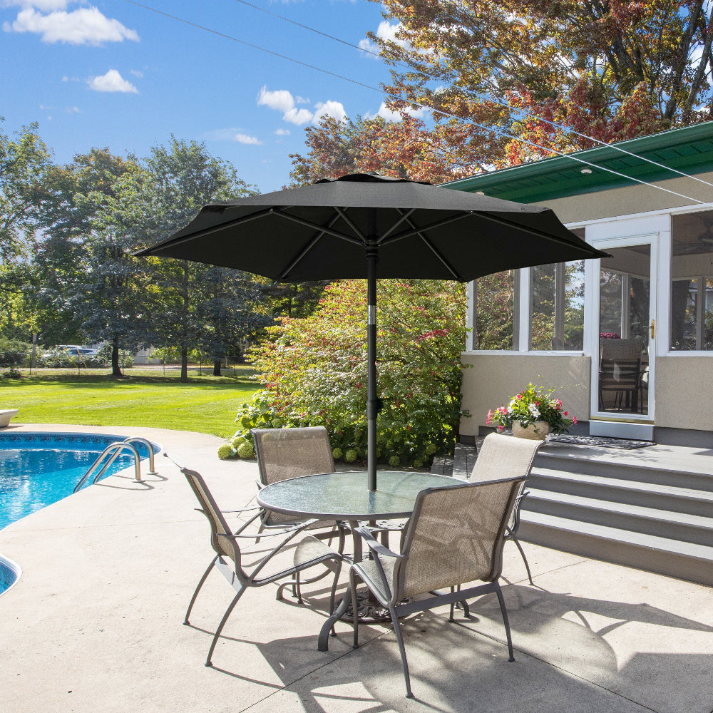 A charming patio table with 4 chairs under AMMSUN 6ft black large outdoor umbrella for pool umbrellas