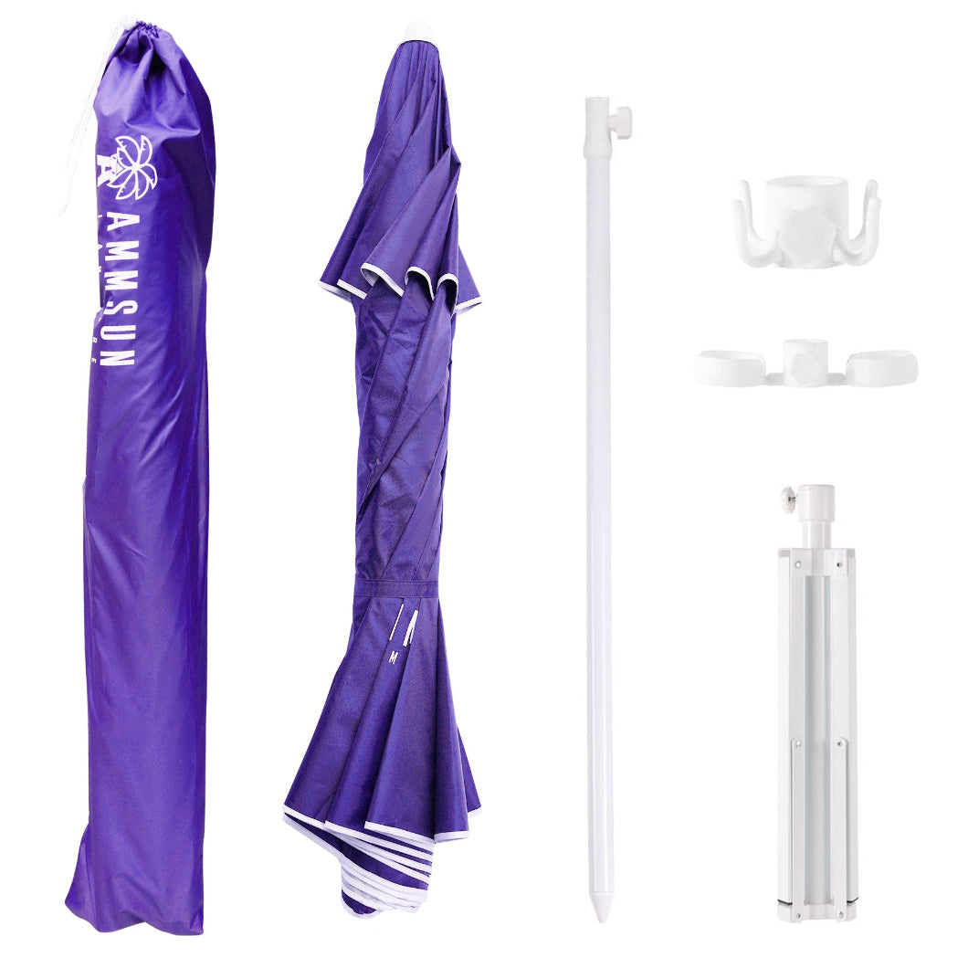 AMMSUN 6.5ft purple beach umbrellas for sand heavy duty wind portable, with a carrying bag, white pole, hook, cup holder