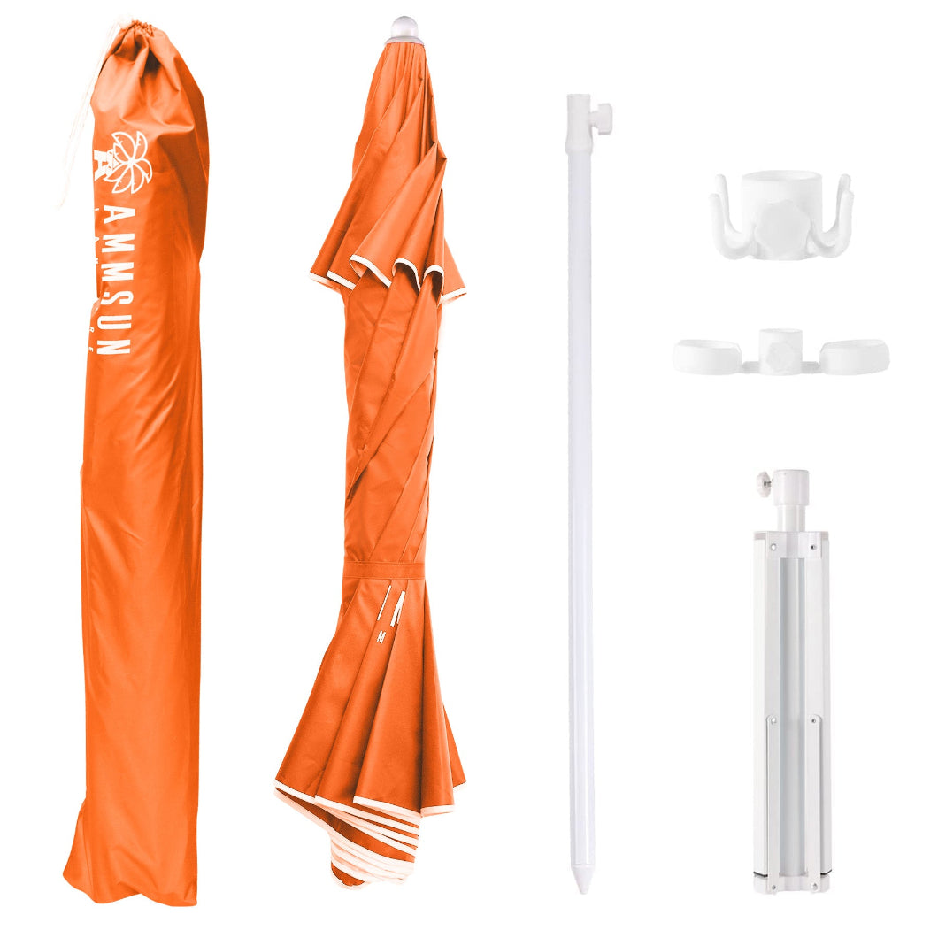 AMMSUN 6.5ft orange portable umbrella for sports and beach has white lower pole,  stand base, hanging hook and cup holder