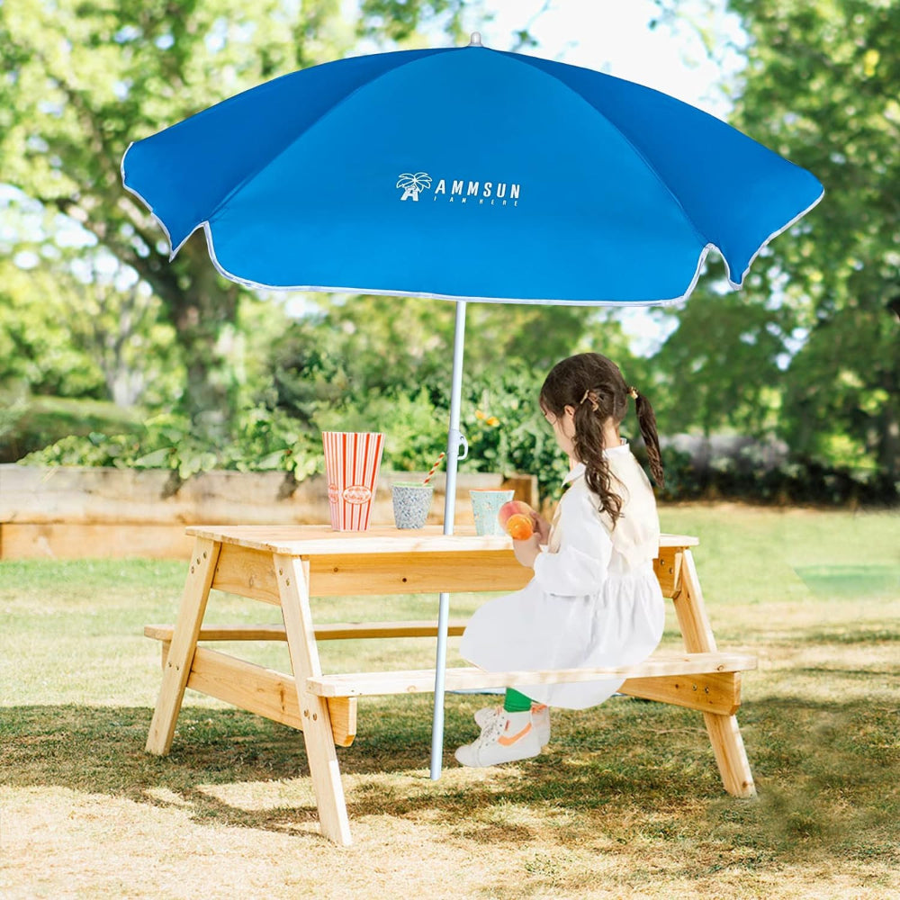  A girl enjoys her time at a picnic table, sitting under AMMSUN 5ft Kid Umbrella for picnic table for kids,Sky Blue