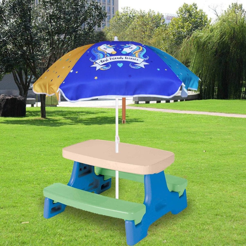 A picnic table is adorned with an AMMSUN 47 inches kid Umbrella, Unicorn Pattern picnic table umbrellas for outside