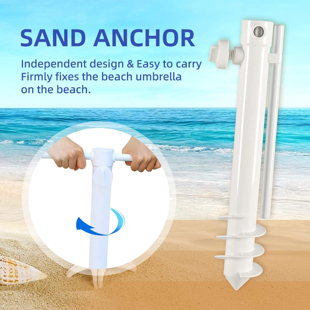 Using the iron pipe to screw AMMSUN patent sand anchor for beach umbrellas into sand