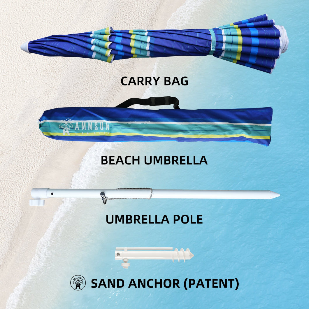 AMMSUN 8ft Large Blue stripes portable umbrella has a carry bag, a pole and sand anchor for umbrella