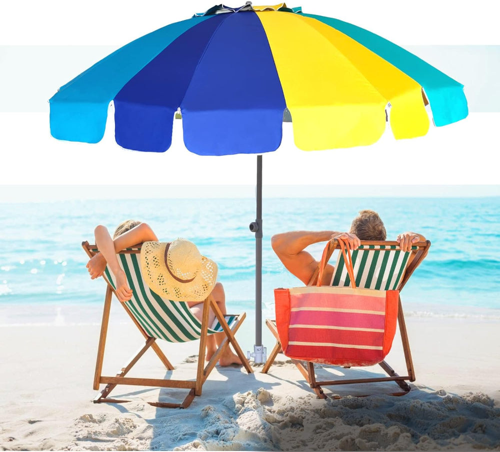 Two people seated under an AMMSUN 7.5ft Multicolor Blue strong umbrella for wind and rain with beach umbrella stand