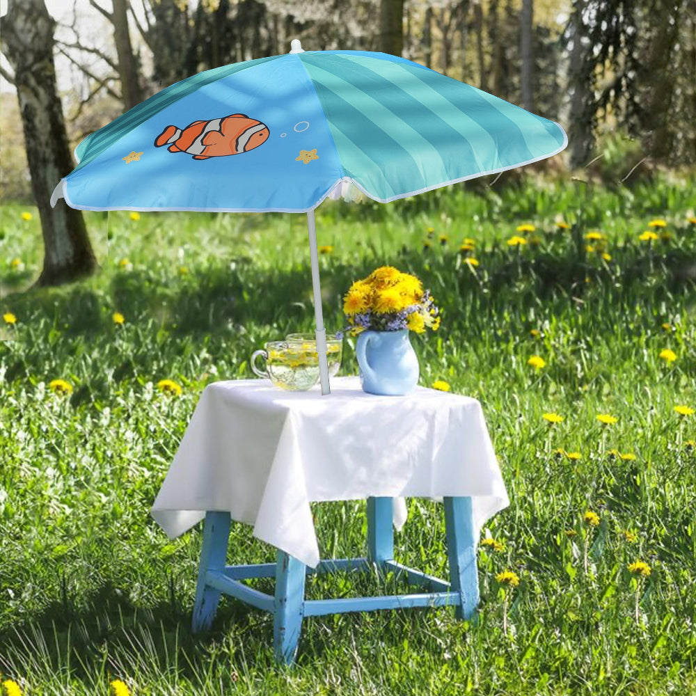 A kids table shaded by AMMSUN 47 inches /5ft kid Umbrella for uv beach umbrella, Green Clownfish