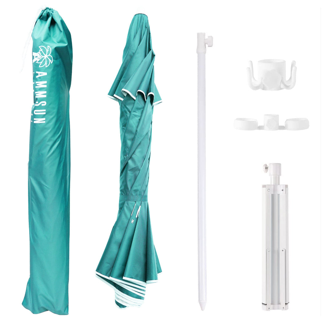 AMMSUN 6.5ft Turquoise portable sports umbrella and its matching sombrilla stand, has white pole, hook, cup holder, and carrying bag