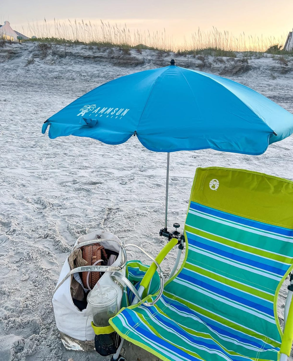 A beach chair and an AMMSUN 43 inches Chair umbrella with Universal Clamp, Bright Blue umbrella clip for chair