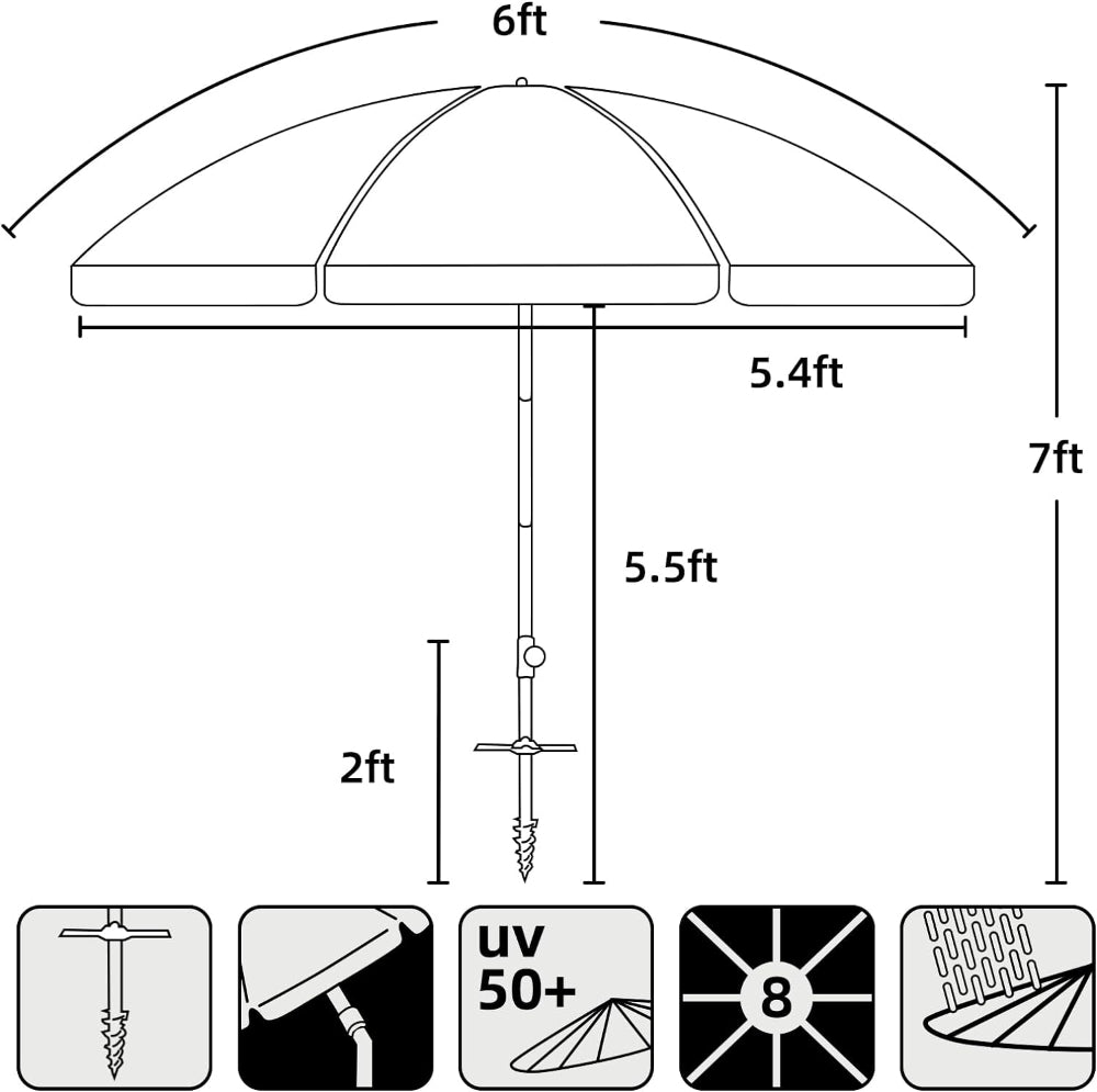 AMMSUN 6ft navy blue folding beach umbrella with 2ft length sand anchor and UV50+, with tilt