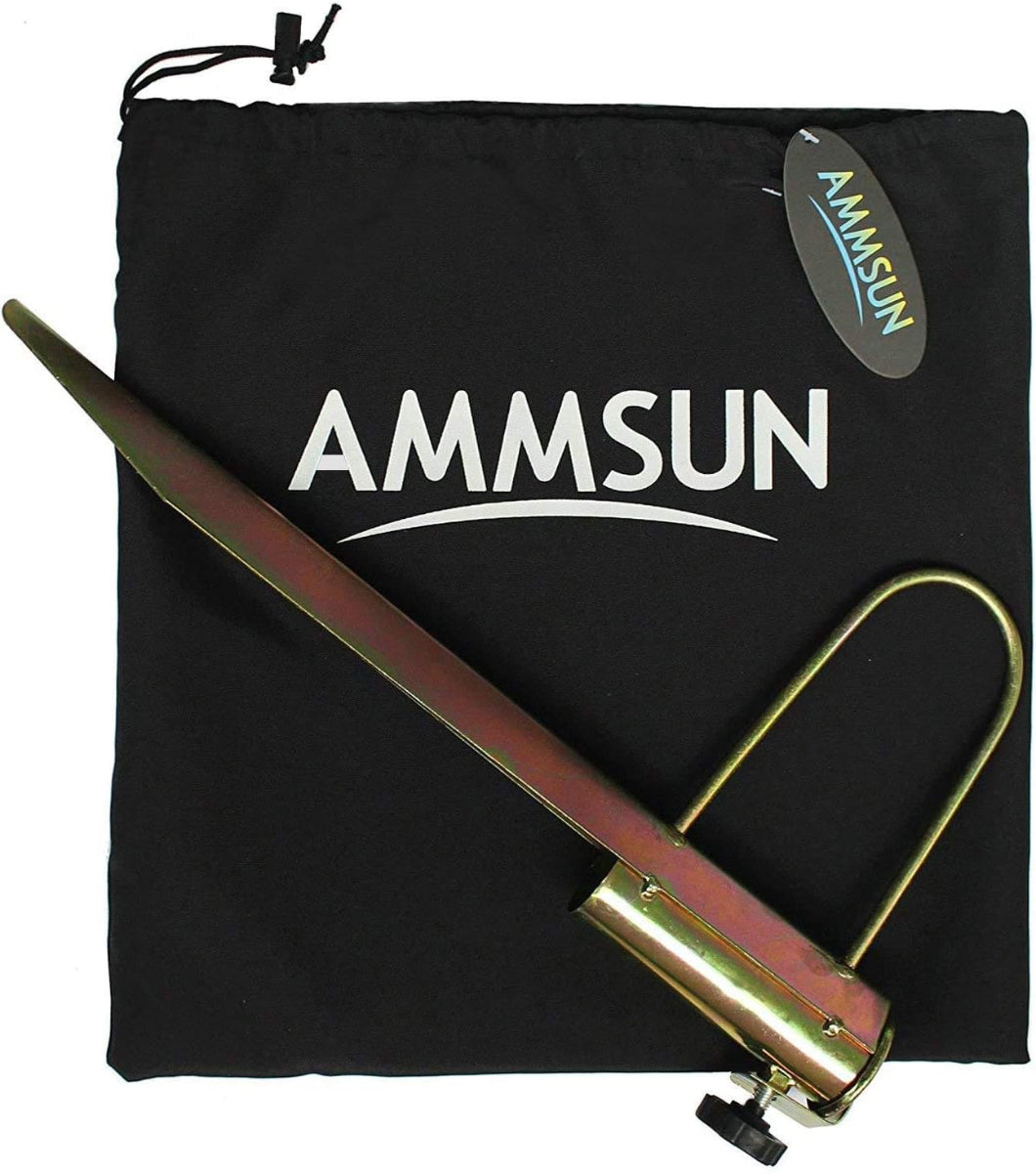 AMMSUN steel sand anchor for umbrella beach flag pole sand drill has a black carry bag with white AMMSUN logo