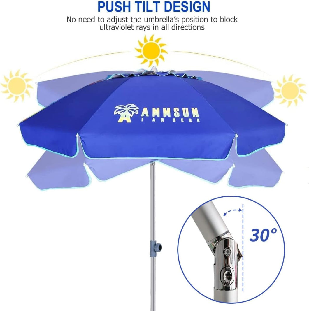 AMMSUN 7ft blue uv umbrellas for sun protection for beach with sand anchor has tilt for sun shade