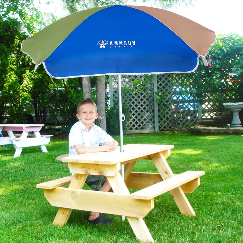 A littler boy sits peacefully under an AMMSUN 5ft Kid Umbrella for table umbrella outdoor patio, Green Blue