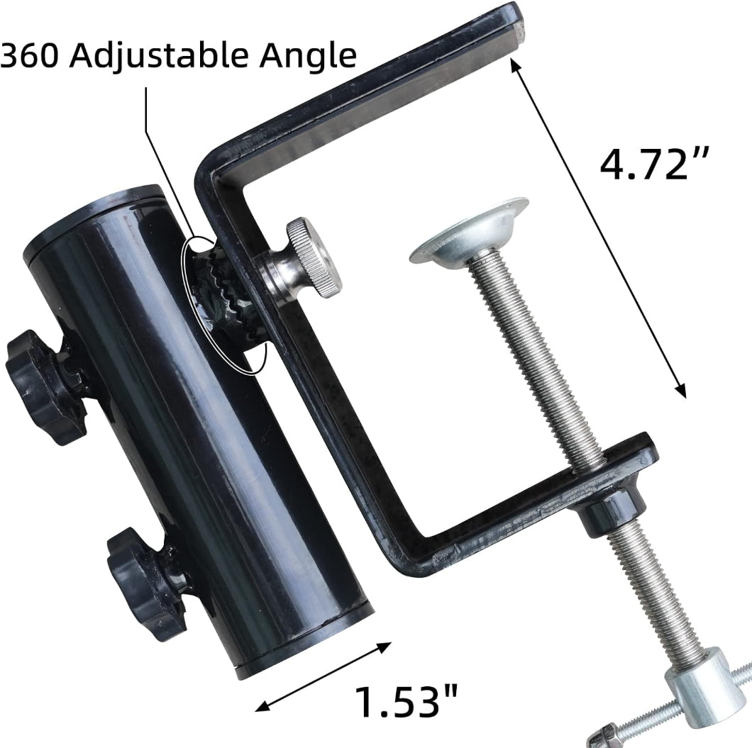 AMMSUN black heavy duty umbrella holder clamp with 360 adjustable angle, equipped with 4.72''w opening and hole for 1 - 1.5 inches poles