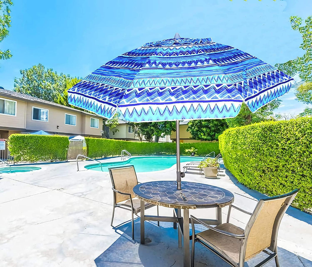 AMMSUN 7ft multicolor blue and white patio umbrellas decorates a patio