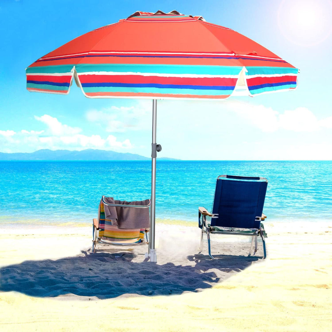 AMMSUN 7ft Red Solstice uv umbrellas for sun protection with sand anchor stands on a sandy beach