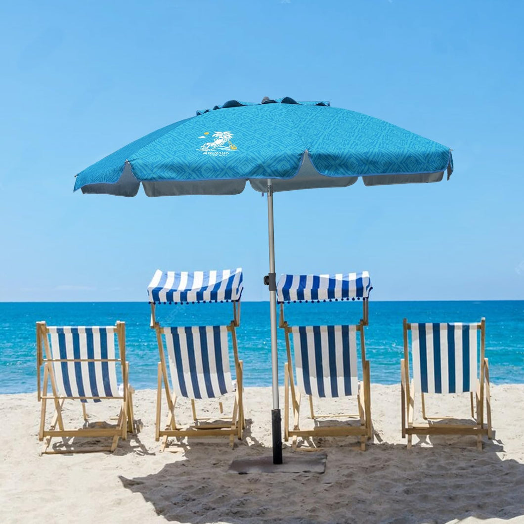 Four beach chairs beneath AMMSUN 7ft Sky Whirlpool Teal portable beach umbrella with sand anchor on the beach