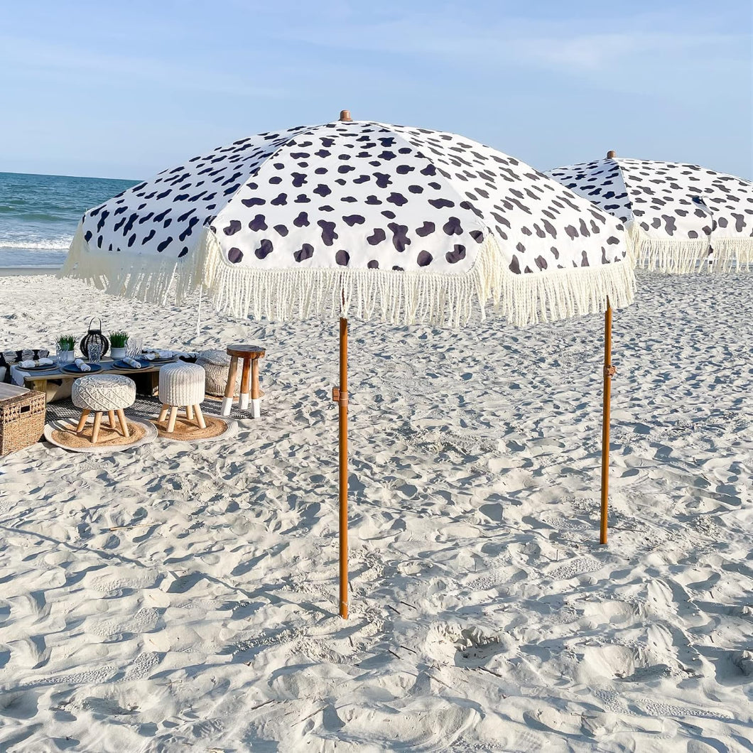 Two AMMSUN 7FT fringe standing umbrellas for beach umbrella adorned with black and white spots