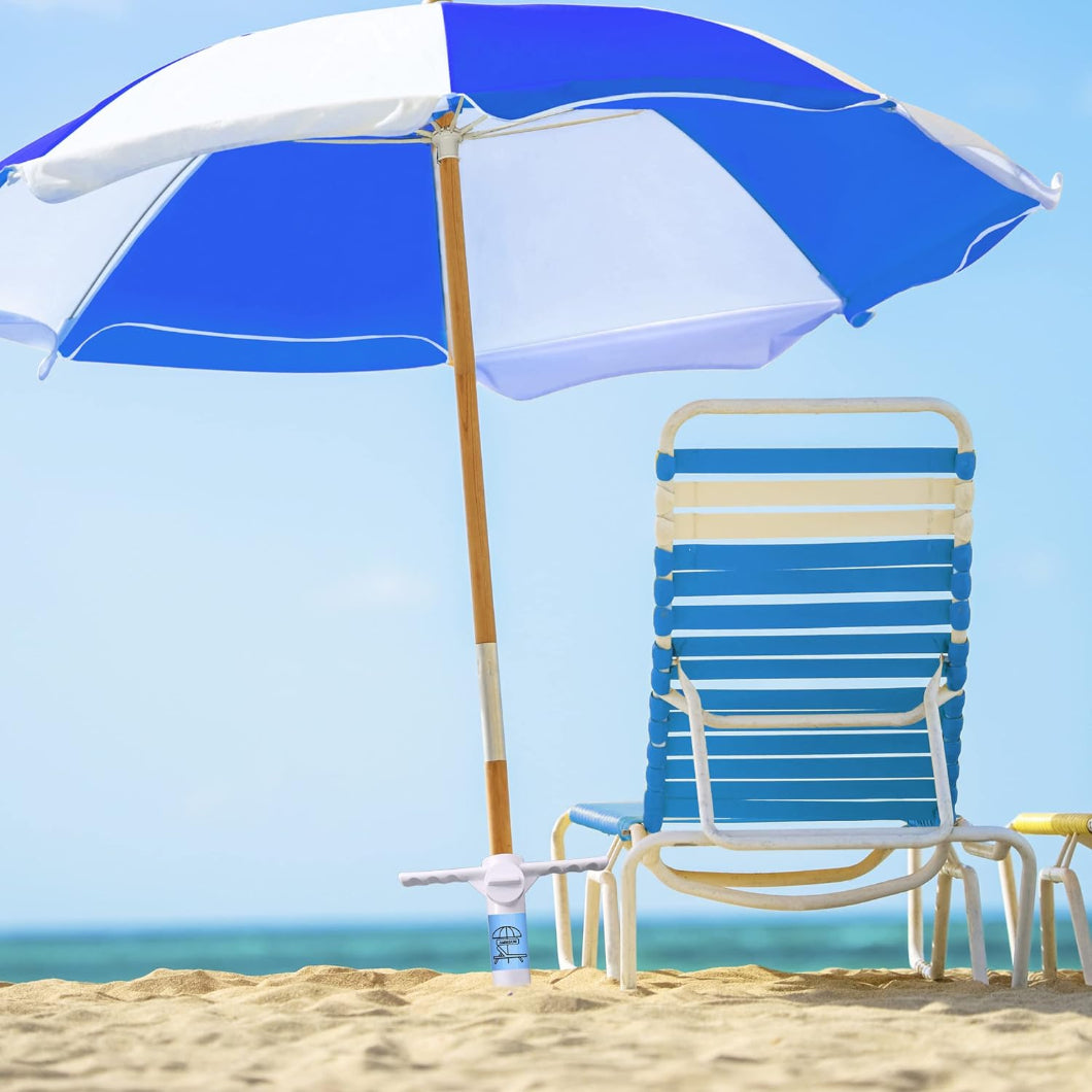 A blue and white beach chair with an umbrella with AMMSUN white sand drill sand anchor for beach umbrella