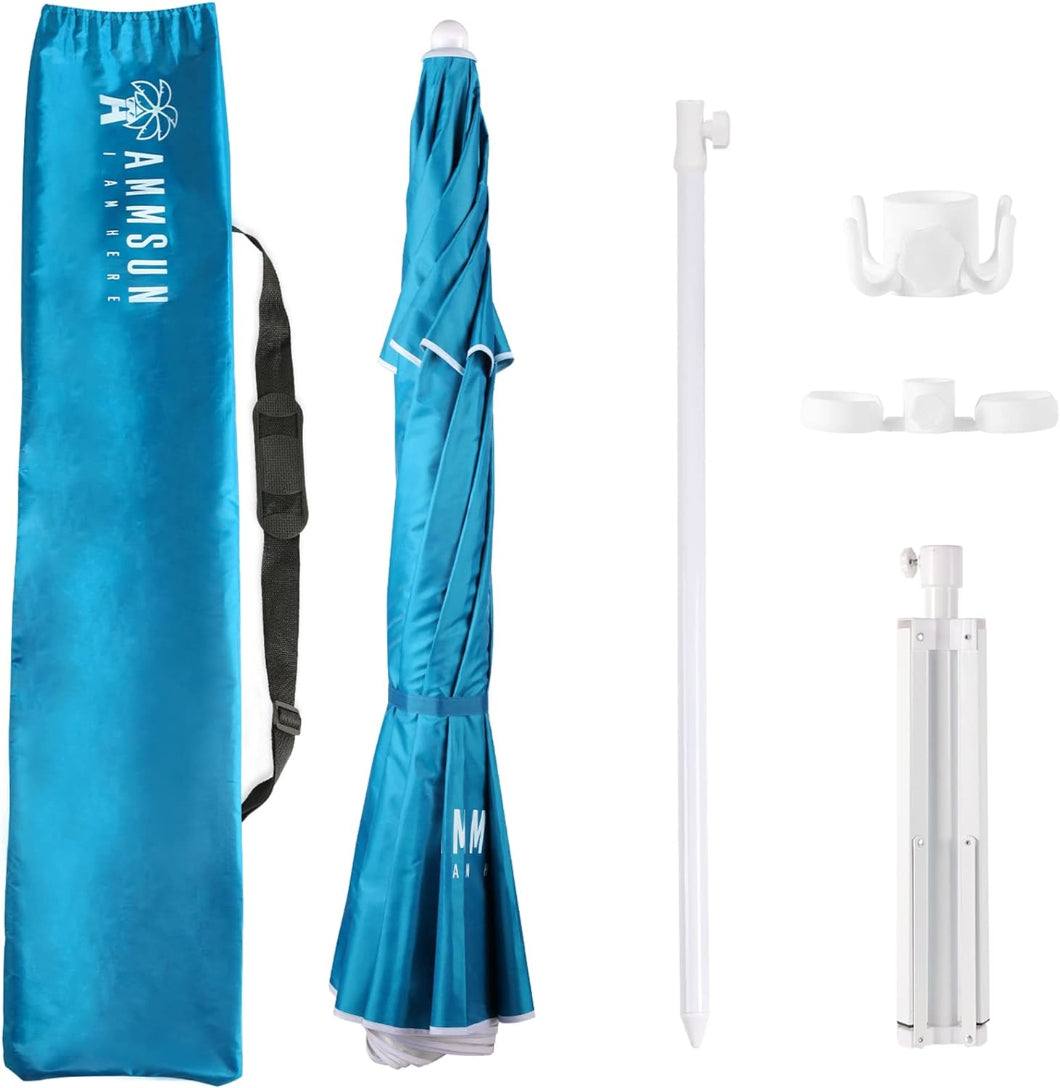 AMMSUN sky blue portable light up umbrella with a white pole and hook, has a sky blue carrying bag and stand.