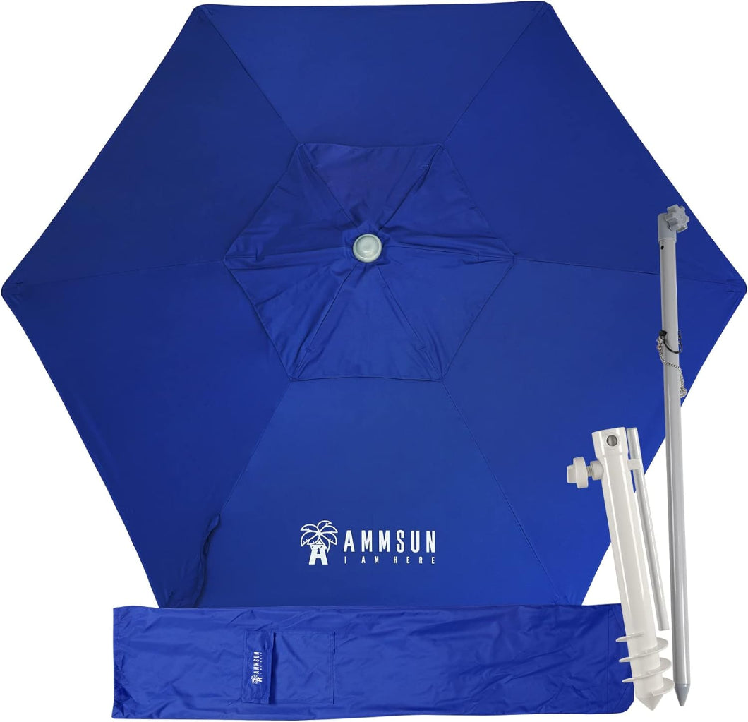 AMMSUN 8FT blue heavy duty high wind patio umbrella has a pole, sand anchor and carrying bag