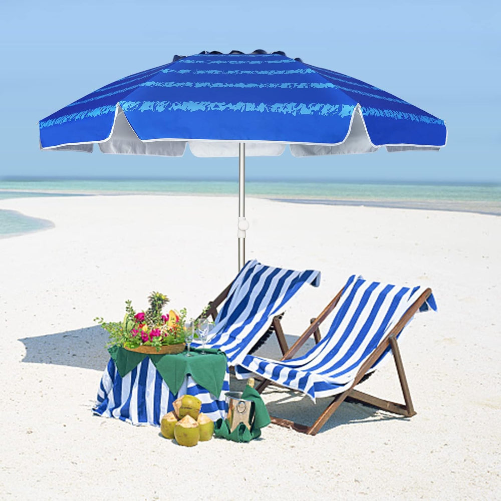 AMMSUN 6.5ft silence blue patio umbrella for beach sun shade shades two chairs on a sandy beach