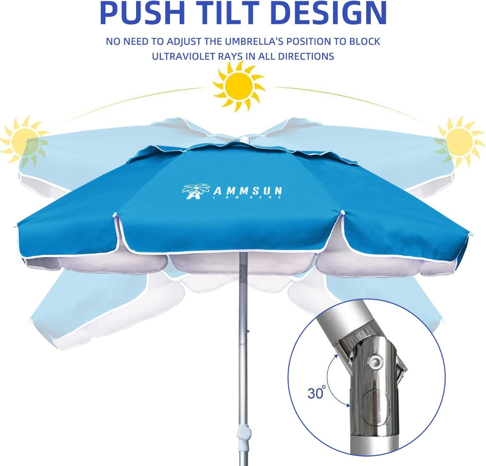 AMMSUN 6ft light blue foldable umbrella with stand, featuring a push tilt mechanism for sun shade