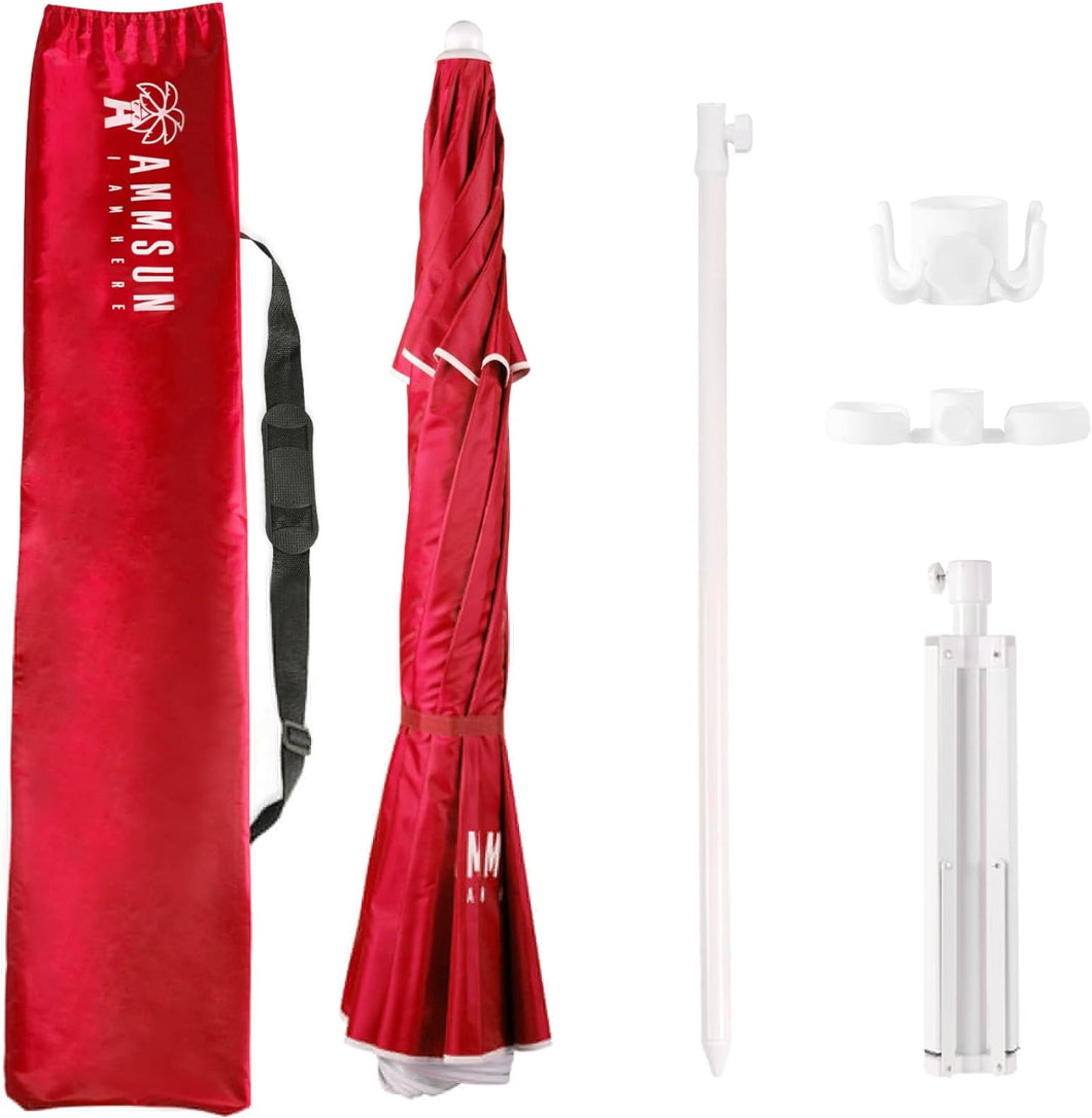 AMMSUN 6.5ft red portable beach umbrella for sun with stand, has white pole, hook, cup holder, and red bag