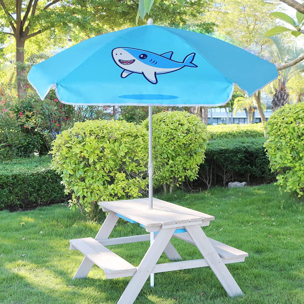 A white picnic table with an AMMSUN 47 inches /5ft kid Umbrella for picnic table canopy, Blue Shark kids patio umbrella.