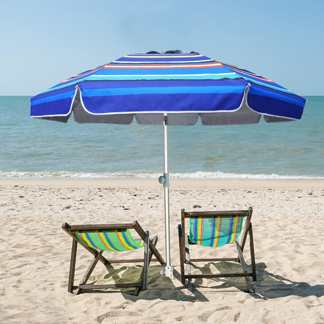 Two beach chairs placed under an AMMSUN 7ft multicolor blue stripes beach umbrella with stand