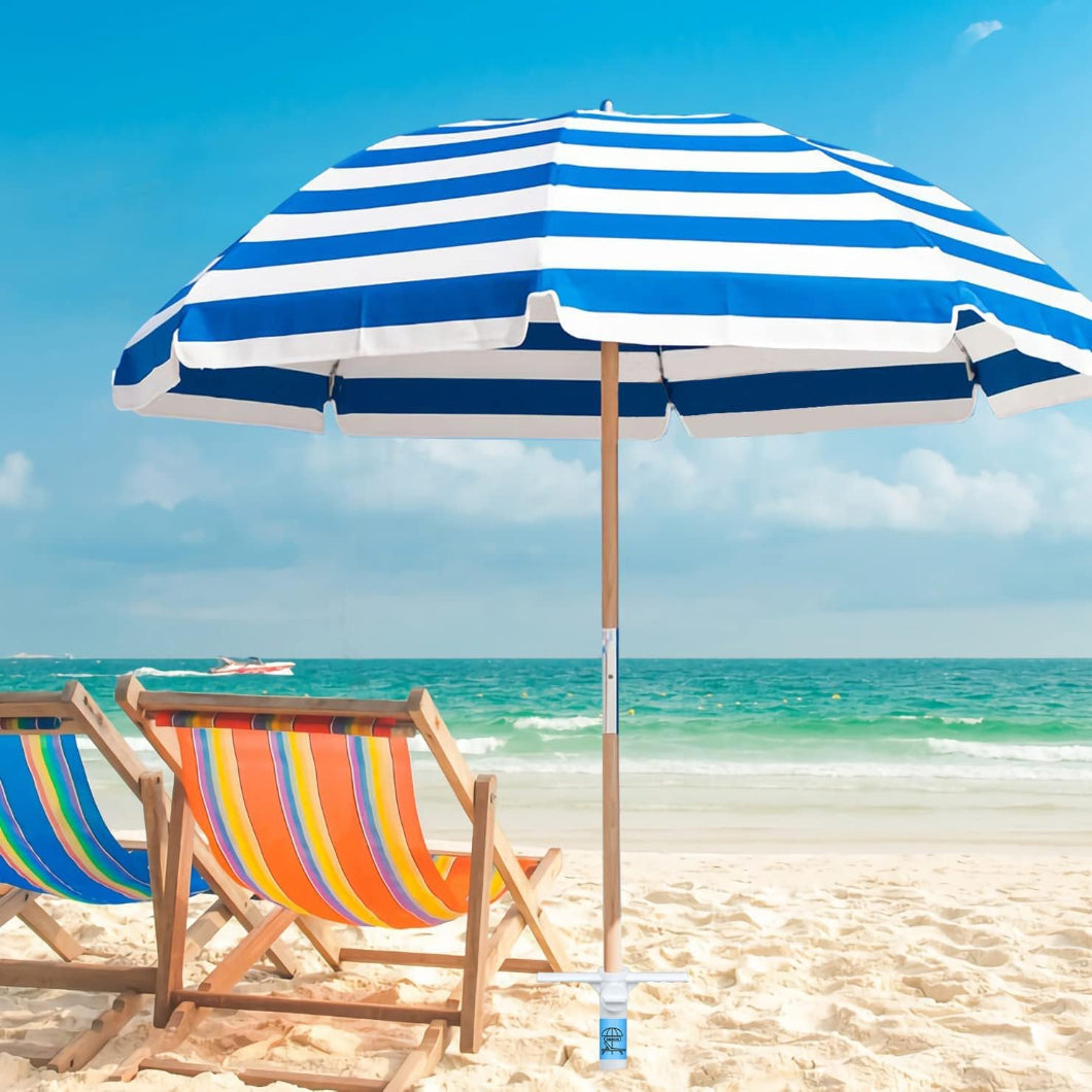 Two beach chairs under a colorful umbrella with AMMSUN beach umbrella stand outdoor base