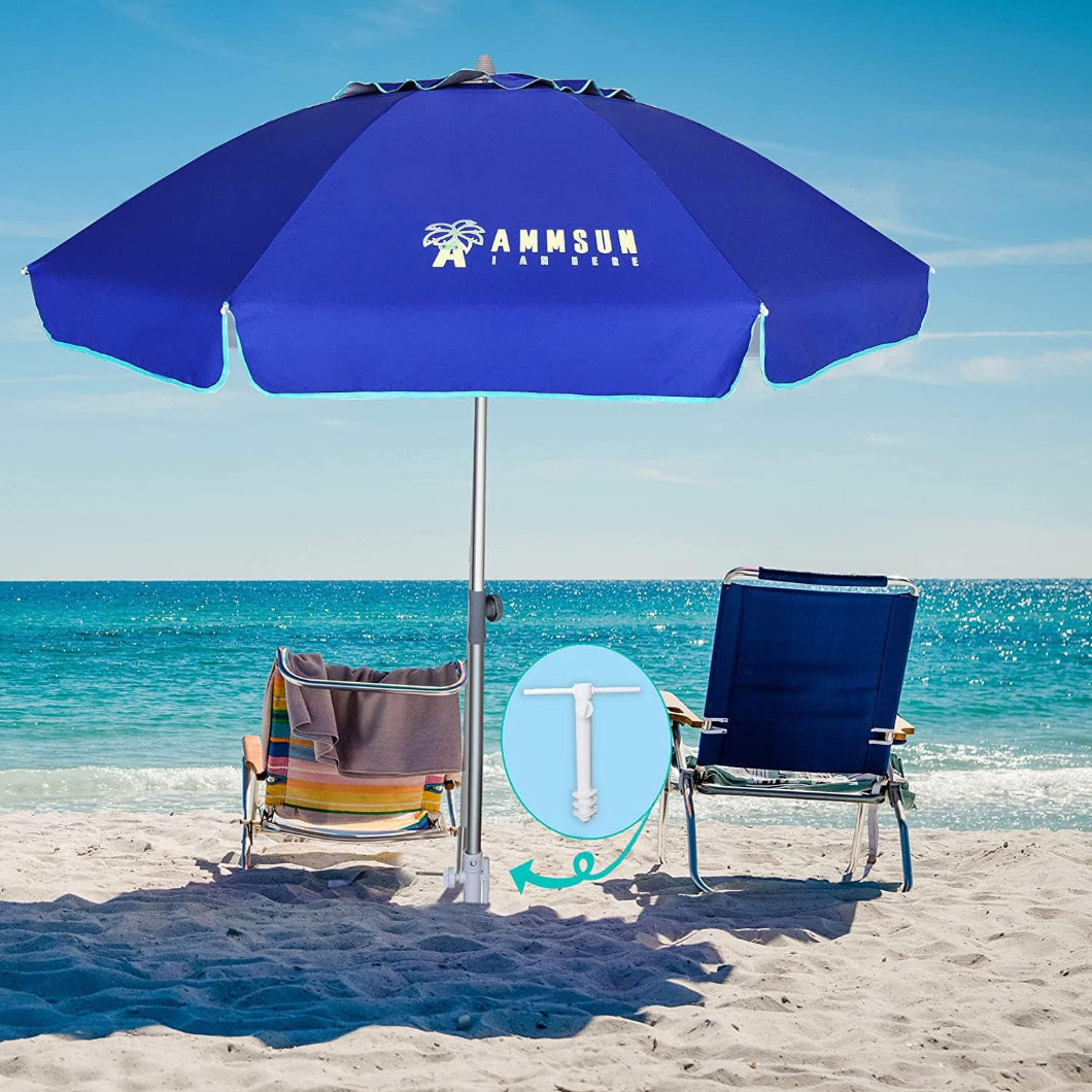 AMMSUN 7ft blue beach umbrellas for sand heavy duty wind portable with beach umbrella sand anchor