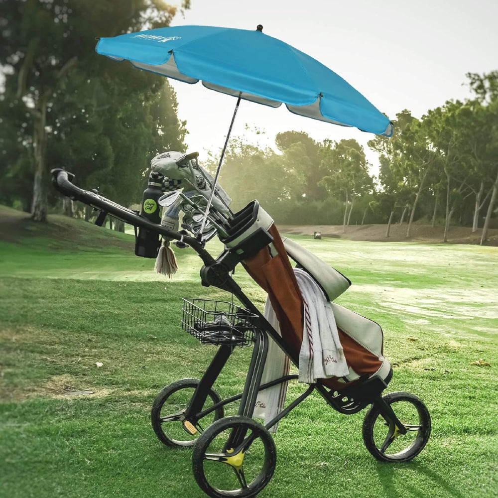 A golf cart equipped with an AMMSUN 43 inches Chair Umbrella with Universal umbrella clamp, Bright Blue beach umbrella