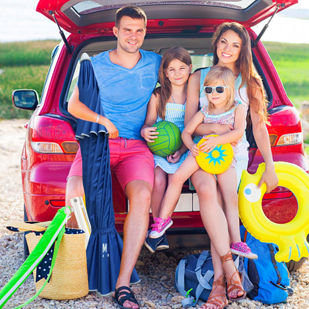 A family enjoys a moment together in the trunk of a car, with AMMSUN 8ft
 large size blue picnic table umbrella